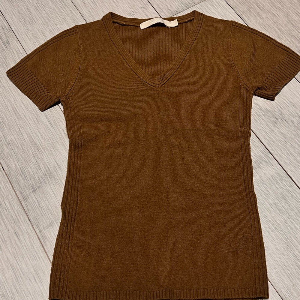 Brown Y2K V-Neck Ribbed Crop Top